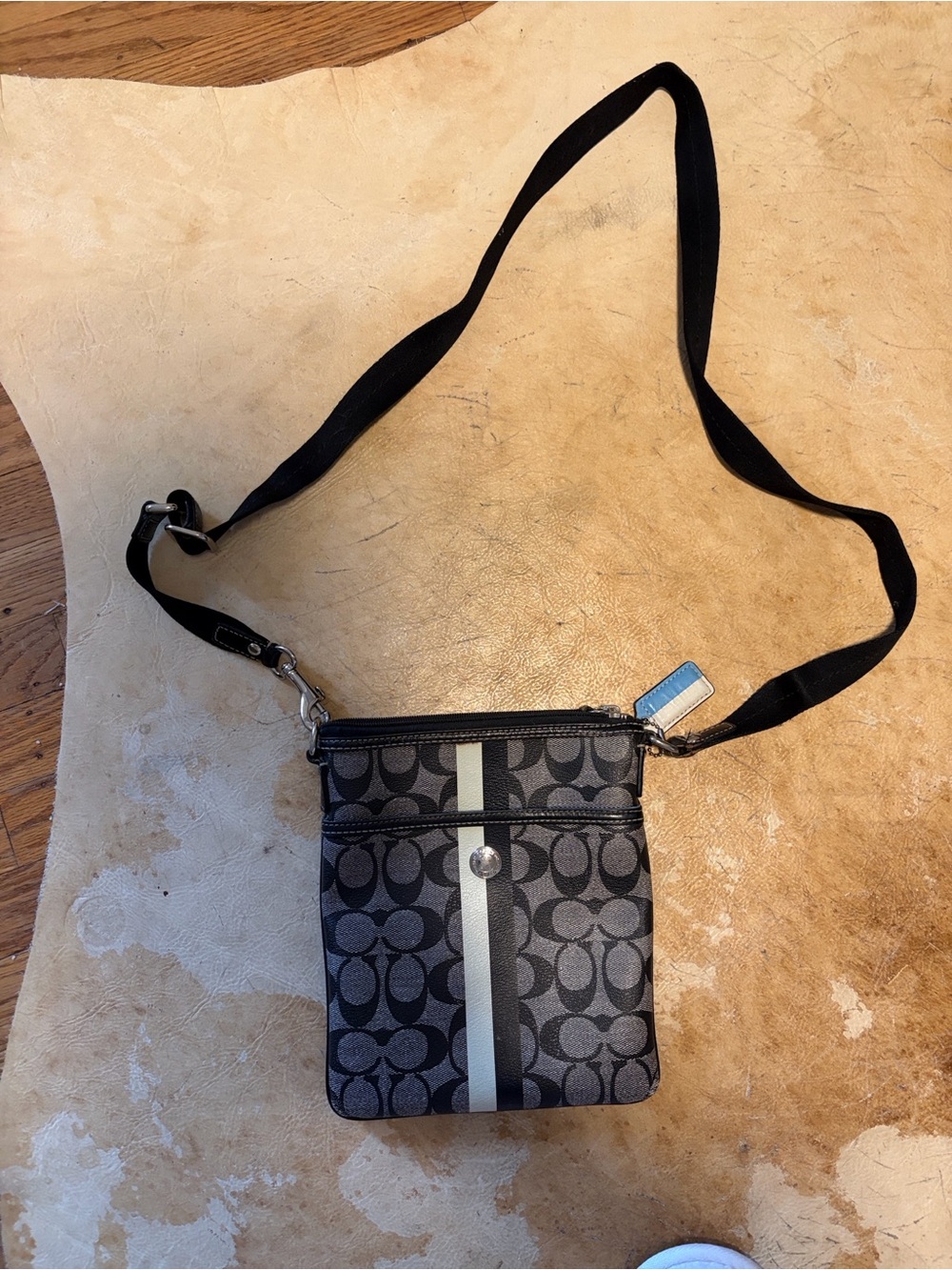 Coach Signature Crossbody in Charcoal with Ivory Stripe